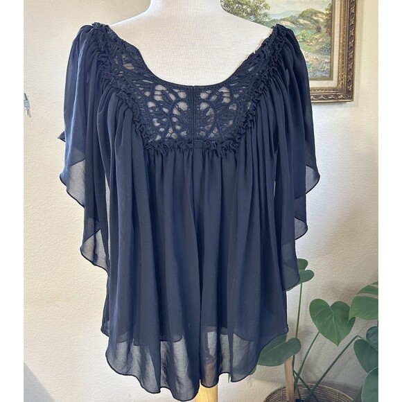 Victoria’s Secret Chiffon BOHO Cottage Romantic Flowy Stretchy Top Black S/M - Picture 6 of 16
